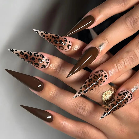 24Pcs Long Stiletto Simple Press on Fake Nails Full Cover Leopard Print Detachable False Nail Fashion Acrylic Finished Nails Set
