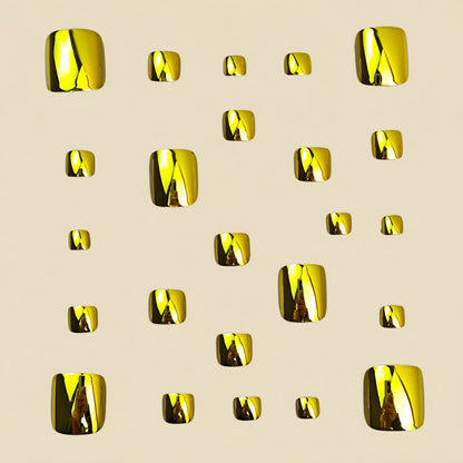 24pcs Glossy Gold Press on Toenail Electroplating Metal Design Fake Toe Nail for Women and Girls Summer Square False Toenails