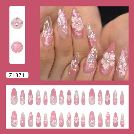 24PCS Pink Cat Eye Almond False Nails Sweet 3D Flowers Butterfly Patterns French Press on Nails Full Cover Wearable Fake Nails