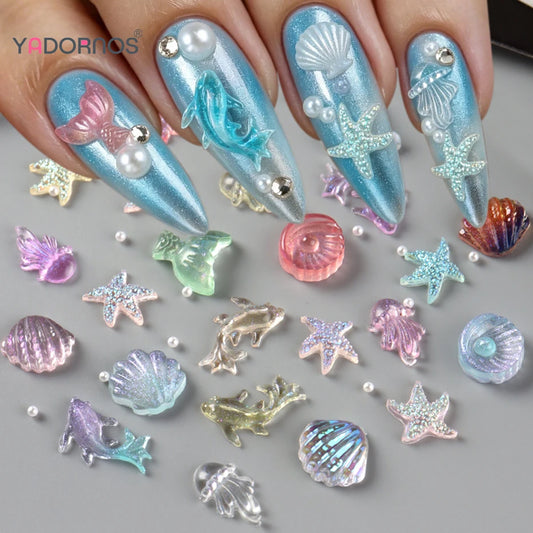 Cartoon Ocean Nail Art Accessories Summer Manicure Decorations Aurora Starfishes Seashells Fish Tail Whales Shaped Nail Charms