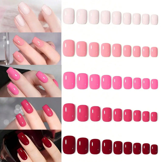 120PCS-Short Square Red Series Fake Nails Art Set- Full Cover Fake Nail Set For Stylish Women & Girls, Perfect for Daily