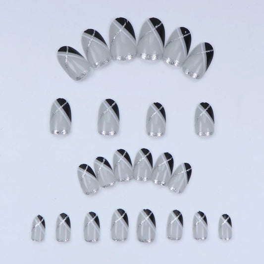 24PCS Short White Fake Nail Press Design, Silver Flashing, Fully Covered Acrylic Nail Artificial Stick, Women'S Decoration