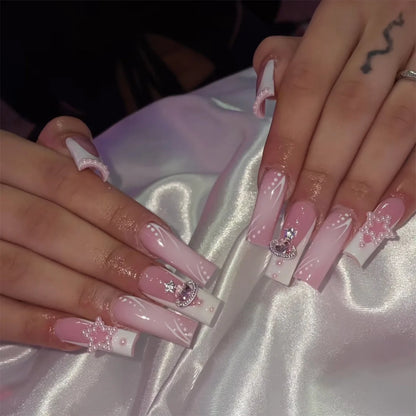 24Pcs Long Square Head French Fake Nail Tips 3D Love Heart Design Press on Nails with Rhinestone Pattern Wearable False Nail Art