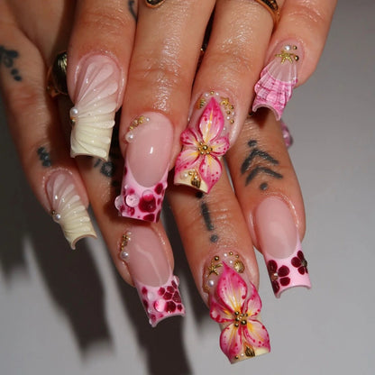 24PCS Medium To Long French White Border Fake Nails Sweet Flowers Broken Diamonds Nail Art Pieces Gold Bead Design False Nails