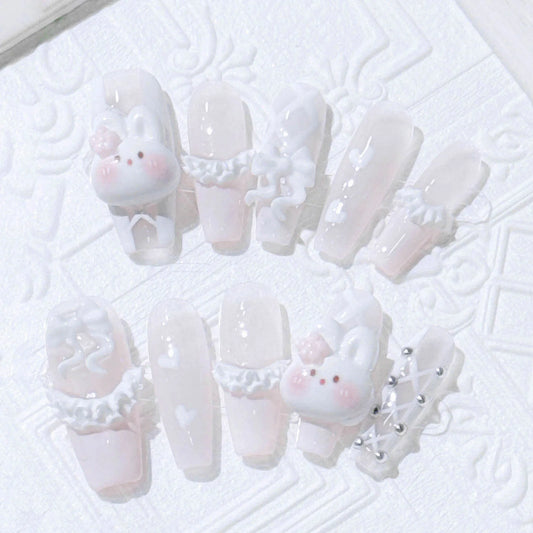 10pcs Handmade Press On Nails Light Pink French Style White Long Coffin False Nails Cute 3D Rabbit Designs Sweet Fake Nail Tips