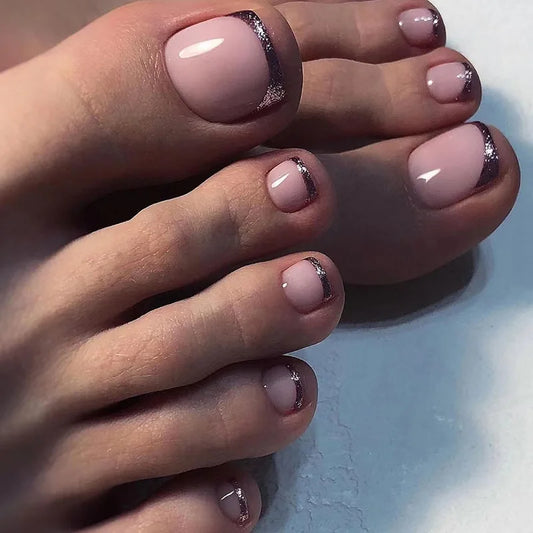 24pcs Glitter False Toenails Sweet Pink Artificial Nails for Feet DIY French Style White Edge False Toenails Detachable Wearable