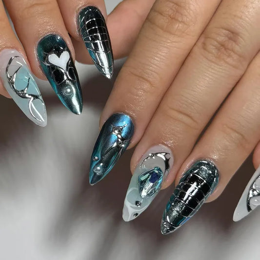 24pcs Blue Smudge False Nails Lines Metal Design Long Almond Fake Nail Glitter Reusable Press on Nails Pearl Rhinestone Manicure
