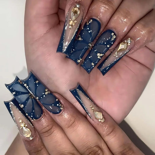 24pcs Glitter Butterfly Full Cover Nail Tips Blue French Long Square False Nails Reusable Diamond Ballet Press on Fake Nails Set