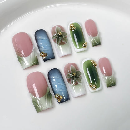 10pcs Luxury Gold Press on Nails 3D Flower False Nails Pearl French Manicure Handmade Fake Nail Tips Square Medium Nail Stickers