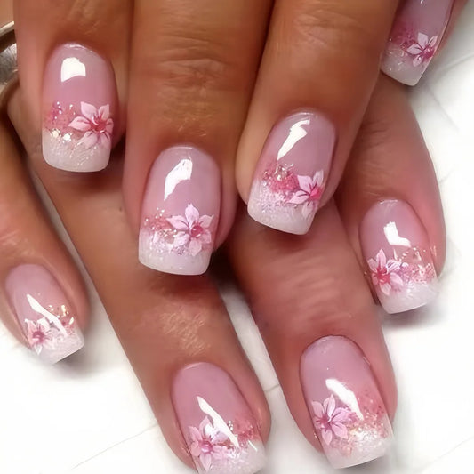 24Pcs Short Square Head French False Nails Press on With Simple Flower Design Fake Nail for Woman Reusable Full Cover Nails Tips