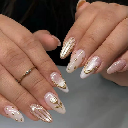 24Pcs Light Blue Smudge Fake Nails Press on Almond Gold Leaf Removable Long Full Cover Nail Tips Wearable Finished Nail Art