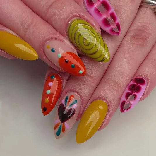 24pcs Summer Series Press On Nails Round Dot Love Heart Spiral Stripes Designs False Nails Colorful Almond French Fake Nail