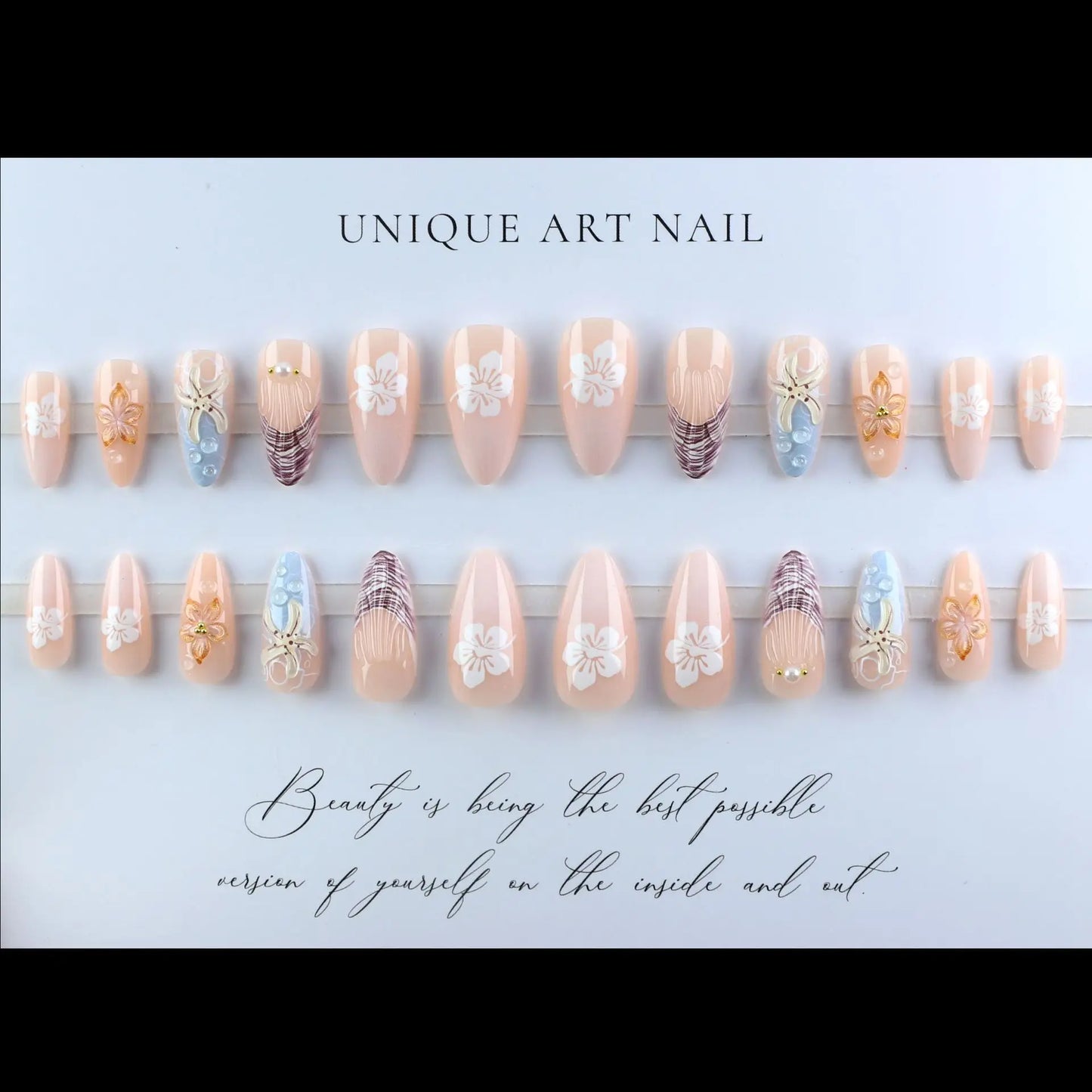 24PCS Sweet Summer Design False Nails Pastel Blue Pink Almond Fake Nail with 3D Starfish Shell Flower Pearl Beach Press on Nails