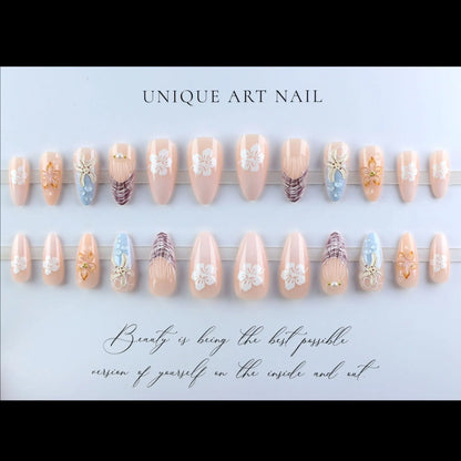 24PCS Sweet Summer Design False Nails Pastel Blue Pink Almond Fake Nail with 3D Starfish Shell Flower Pearl Beach Press on Nails