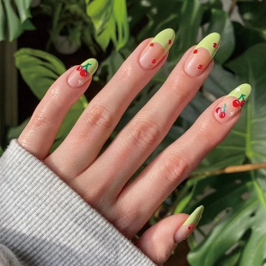 24Pcs French Almond False Nails Green-edged Wearable Manicure with Red Diamond Cherry Pattern Fresh Fake Nail Tips Art Fashion