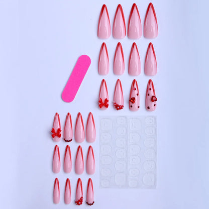 24PCS Red Bow Red False Nails Love Gemstones Stiletto Press on Nails Valentines Day French Tip Design High End Daimond Manicure