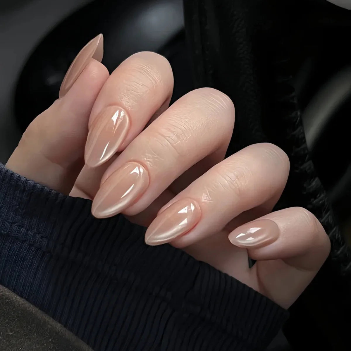 24pcs Aurora Nude Pink Press on Nails Almond Acrylic Simple Fake Nails with Gradient Design Nail Chrome Solid Color False Nails