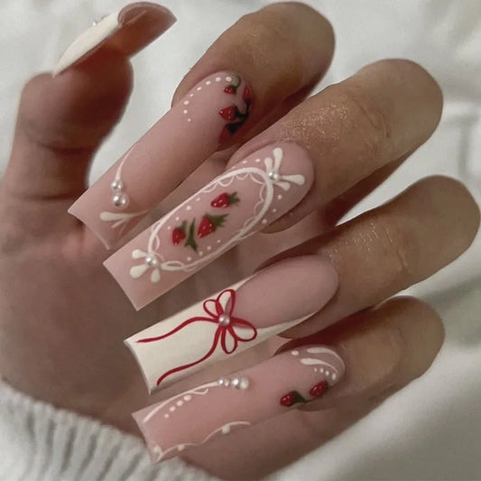 24pcs Flower Press on Nails Art Lines French Tips Long Square Fake Nails with Rhinestone Design False Nail Sets Coffin Manicure