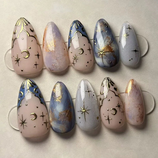 24pcs Star Moon Design False Nail Wave French Mid-length Almond Nails Sets Press on Glitter Smudge Fake Nails Wearable Manicure