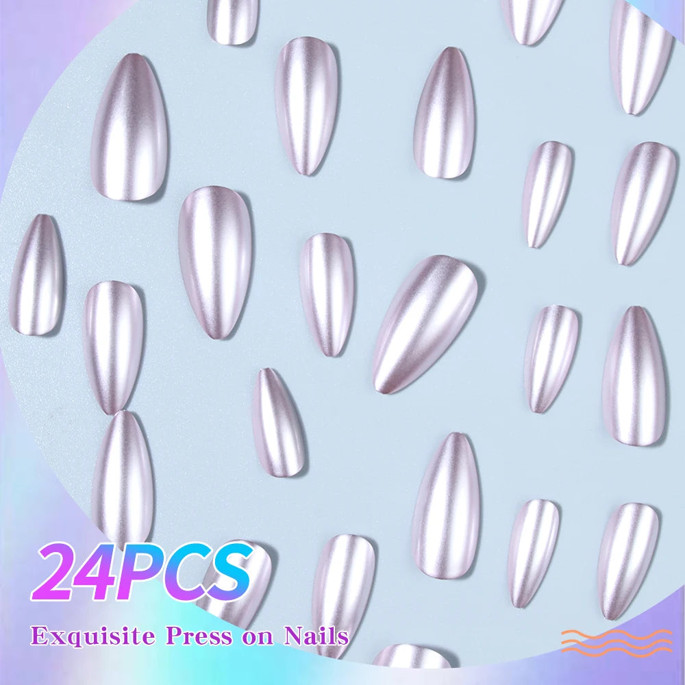 24pcs/Set Y2K Style Pink Magic Metal Chrome Shiny Medium Almond Press On Nails Holographic Nail Dust Ice Neon Mermaid Mirror Gli