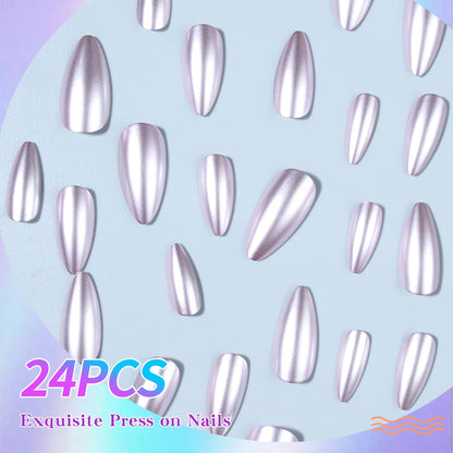 24pcs/Set Y2K Style Pink Magic Metal Chrome Shiny Medium Almond Press On Nails Holographic Nail Dust Ice Neon Mermaid Mirror Gli