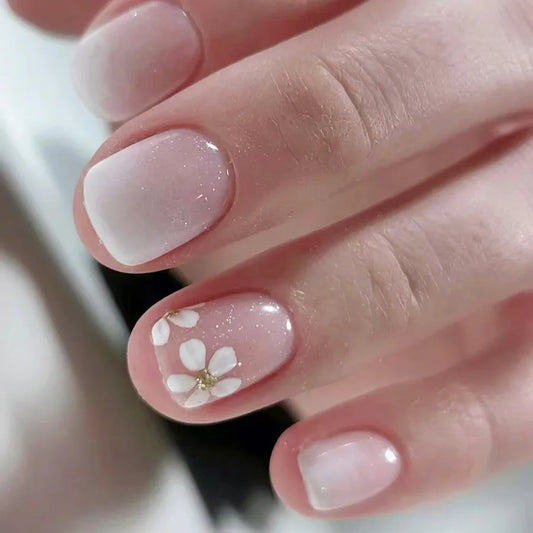 24Pcs Gradient White Flower Press on Fake Nails Short Square Head False Nails with Shiny Powder Detachable Full Cover Nails Tips