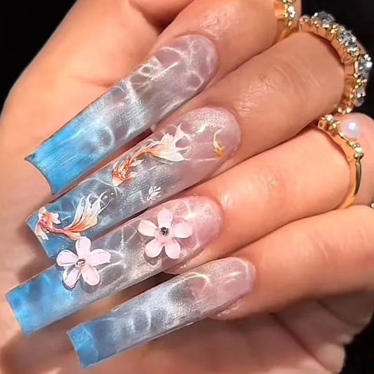 24Pcs 3D Long Ballet False Nails White Coffin Wave with French Design Wearable Fake Nails Gold Line Full Cover Press on Nails