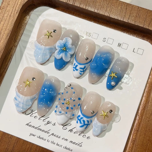 10Pcs Summer Island Style Fake Nail Full Cover Relief Flower Hand-painted Blue Dyed Nail Art Gold Starfish Stick on Almond Nails