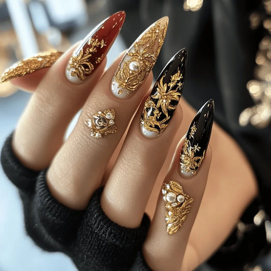 24pcs Reusable Almond False Nails Tips Red Shiny Powder Design French Press on Nails Set Diamond Fake Nail Golden Lines Manicure