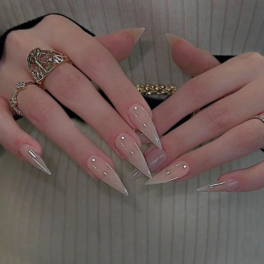 24pcs Simple Pink Cat's Eye Nails Sets Press on Solid Color Long Stiletto Nails Tips Finished False Nail Art Glitter Fake Nail