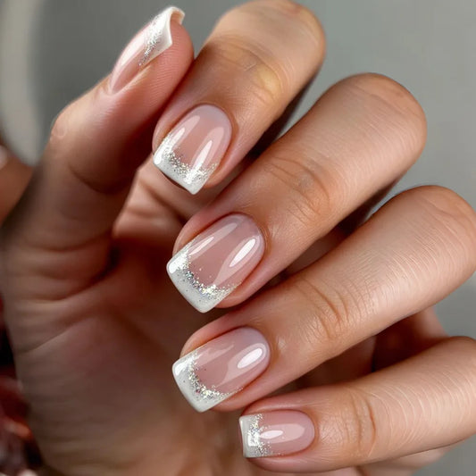 24pcs Simple Shiny Powder French False Nails Finished Sets Wearable Short Ballet Fake Nail Art White Tips Square Press on Nails