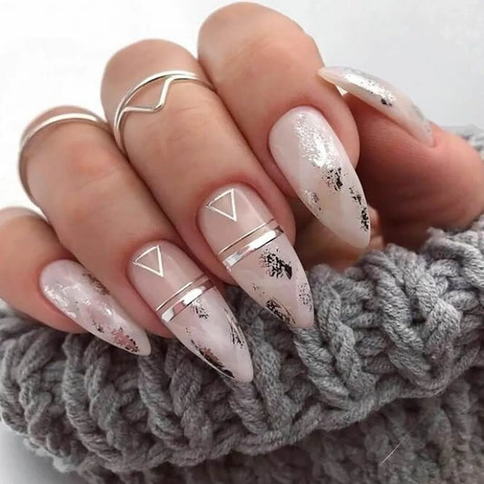 24Pcs Mid-length Almond Full Cover Nails Tips Silver Irregular Smudge Press on Fake Nails Triangle Line Detachable False Nails