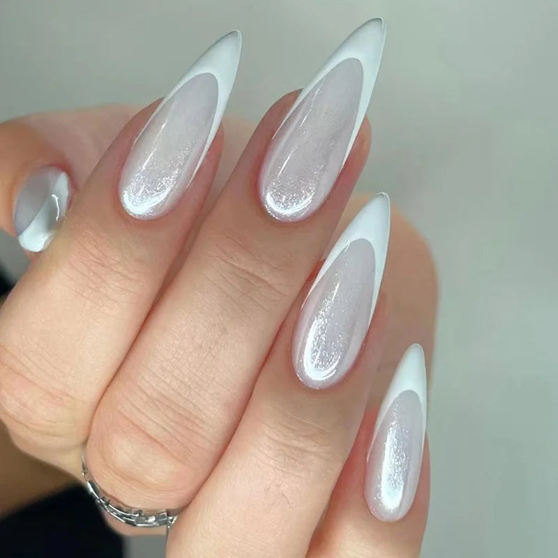 24pcs Chrome Press on Nails Gradient Nude Solid Color False Nails Removable Long Stiletto Fake Nails Minimalist Sweet Cool Nail