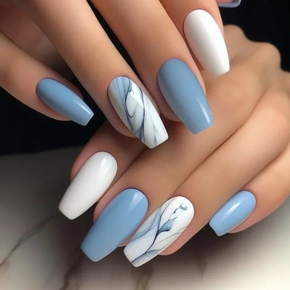 24pcs Blue Love Design False Nails Tips Datachable Fashion Short Ballet Press on Nails Art Simple Square Coffin Fake Nail Sets