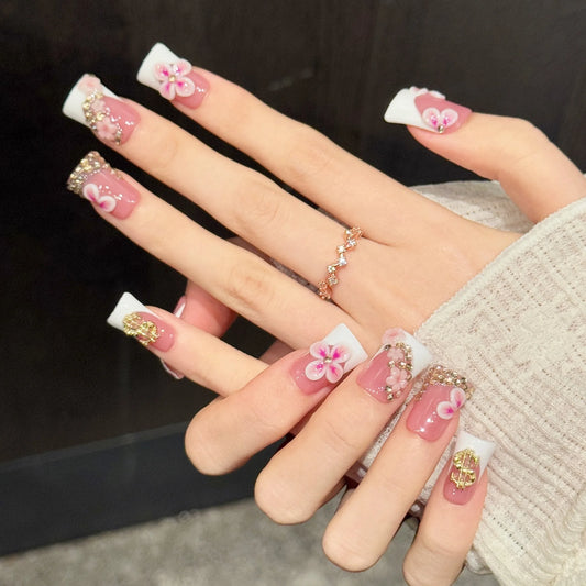 10pcs Pure Hand Pressed Duck Nail Art, Nice Fake Nail, Pink Gold Flower, Three-Dimensional Flower Gold Diamond, Idea for Women