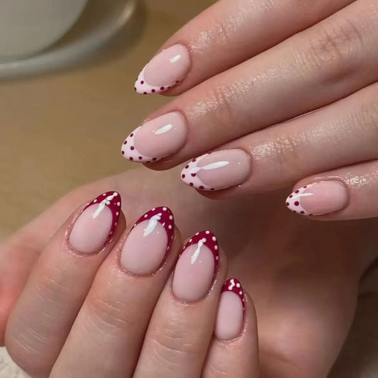 24pcs Pink French Fake Nails Simple Wearable Round Head Short Almond False Nail Art Polka Dot Full Cover Nail Tip Press on Nails