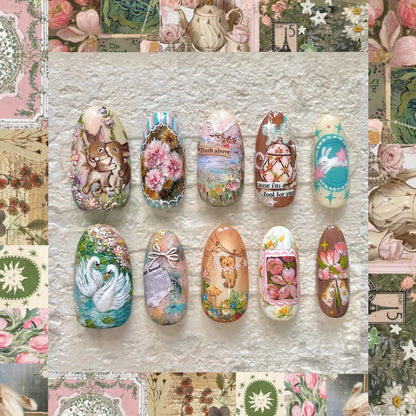 24pcs Field Journal Series False Nails Cute Rabbie Swan Flower Designs Fake Nails European Style Oil Painting Press On Nail