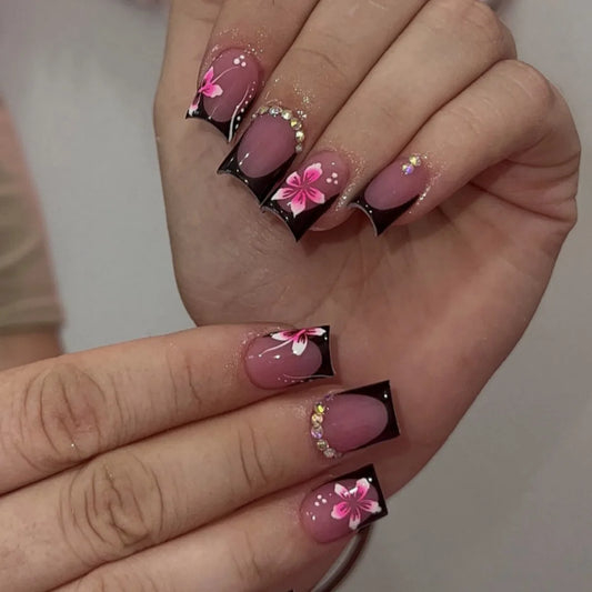 24pcs Blue Mid-length Square Fake Nails Press on Ocean Flower Rhinestone Design Nail Tip Finished Wearable French False Nail Set