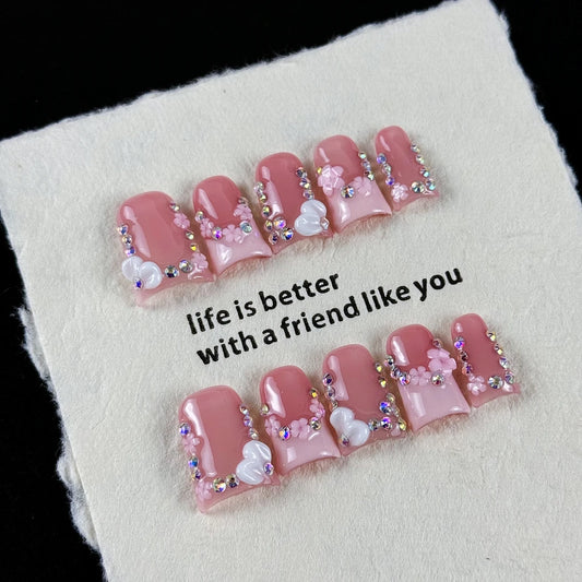 10pcs high-end Pink girl style, hand-painted three-dimensional engraved design, glittering small diamonds handmade fake nails