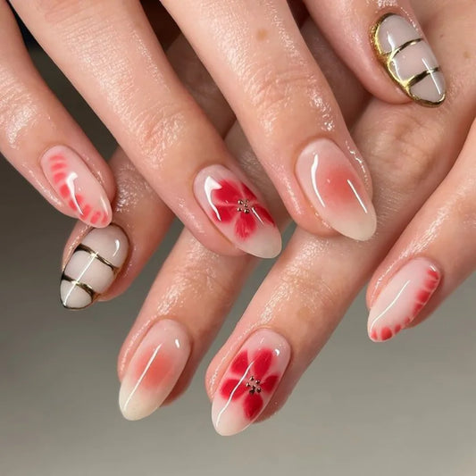 24PCS Retro Purple French False Nails with Glue Five-petal Flowers Golden Patterns Almond Press on Nails Full Cover Wearable Tip