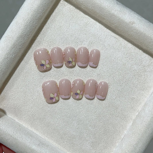 10Pcs Colorful Cat Eye Stick on Nails with Glossy Butterfly Design Shiny Round Short Nails Handmade Starry False Nails Reusable