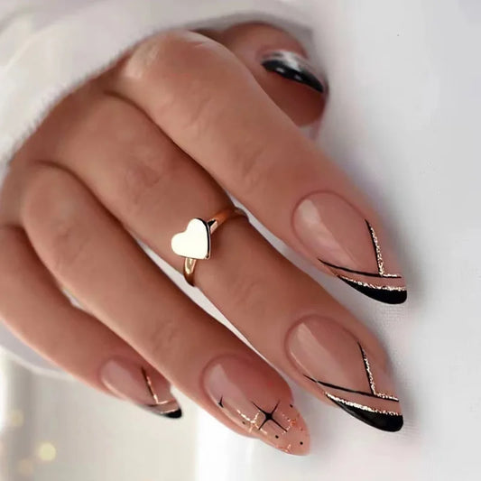 24pcs Long Almond Fake Nails Art Black Lines French Design False Nail Tips with Shiny Powder Star Press on Nails Sets Datachable