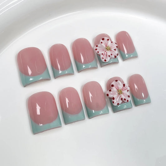10Pcs Short Square Head Handmade Press on False Nails Green French 3D Flower Full Cover Nails Tips Wearable Finished Fake Nails