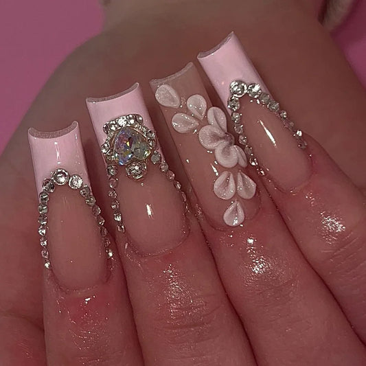 24pcs Finished Press on Nails Art Pink French Long Ballet False Nails with Diamond Flower Full Cover Nail Tip Wearable Fake Nail