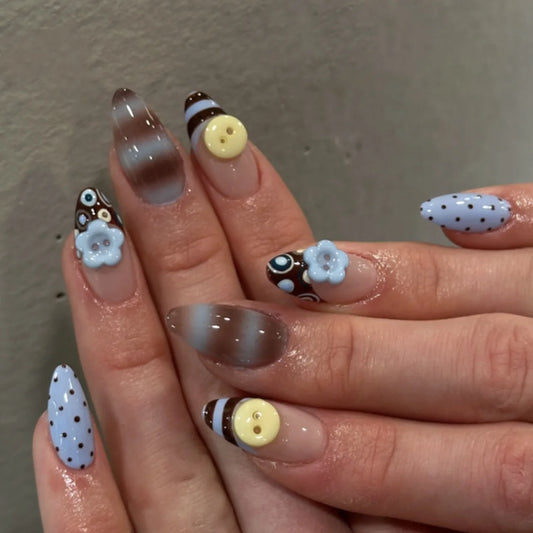 24pcs Colorful Stripe Polka Dot Fake Nails Almond with Rhinestone Flower Design Press on False Nails French Spicy Girl Manicure