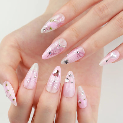24pcs Sweet Letter Press On Nails Cute Cherry Bowknots Ladybug Strawberry Decor False Nails Blush Pink Almond Fake Nail For Girl