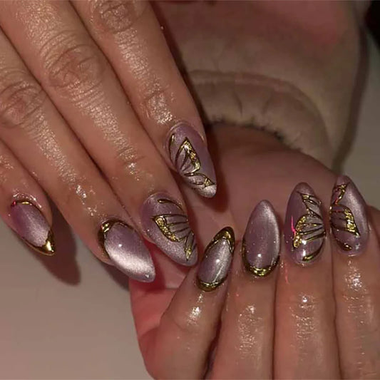 24pcs Glitter Short Almond Fake Nails Fashion Purple Cat's Eye False Nail Tips Simple Butterfly Design Detachable Press on Nails