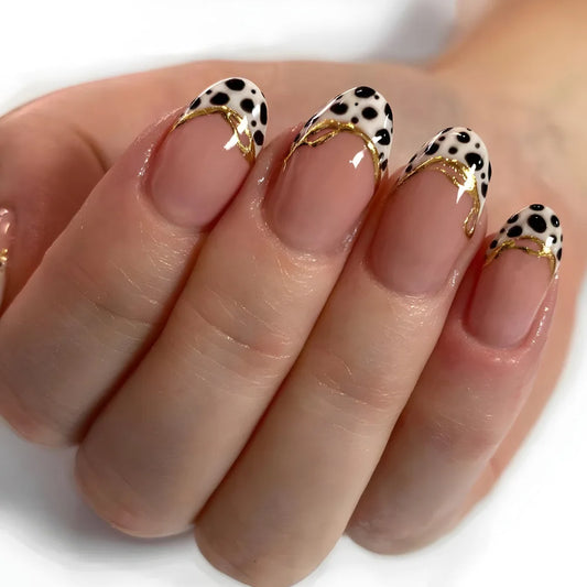 24pcs Simple Leopard Print French Fake Nails Gilded Design Short Almond False Nail Sets Detachable Press on Nails Tips Manicure