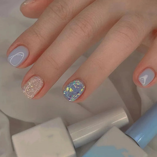 24pcs Simple Nails Set Press on Blue Short Square Nails Tips Shiny Powder Design False Nail Art Sweet Ballet Fake Nails Finished