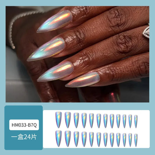 24PCS Holographic Iridescent Press on Nails Stiletto Fake Nail with Chrome Finish Glossy Mirror Effect Futuristic Sleek Nail Art